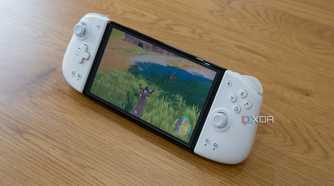 A Nintendo Switch OLED in tabletop mode with the Mobapad M6 HD attached