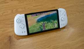 A Nintendo Switch with the Mobapad M6 HD controllers attached and playing Pokémon Violet
