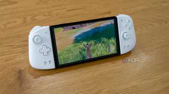 A Nintendo Switch with the Mobapad M6 HD controllers attached and playing Pokémon Violet