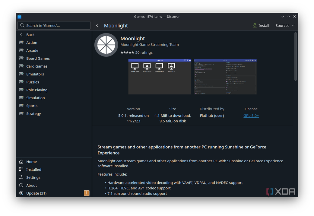 The Discover page for Moonlight on the Steam Deck