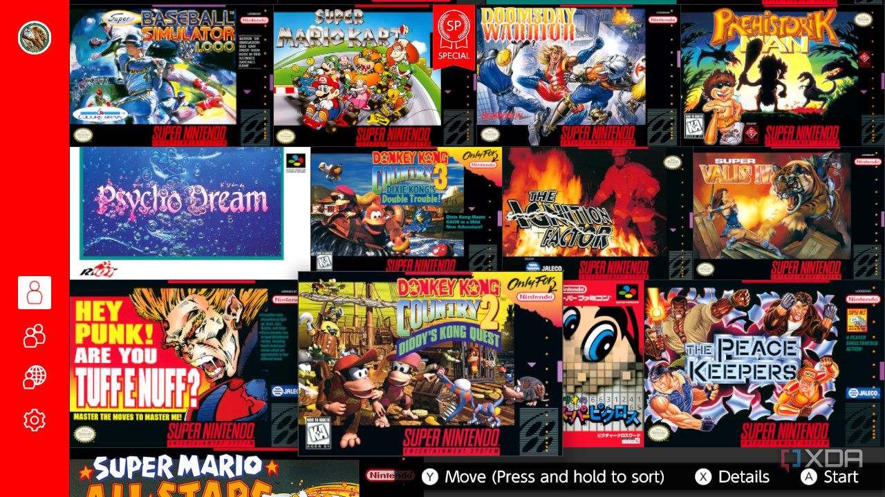 Screenshot of the list of Super Nintendo games available on the Nintendo Switch