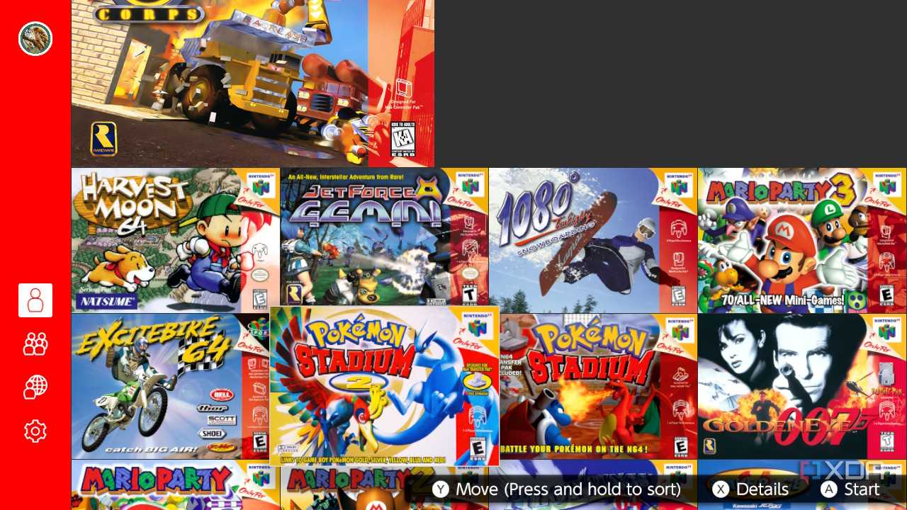 Screenshot of the list of Nintendo 64 games available on the Nintendo Switch