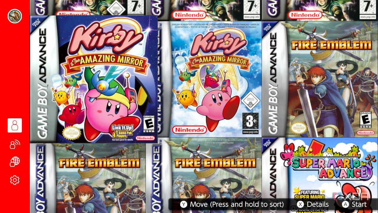 Screenshot of the list of Game Boy Advance games available on the Nintendo Switch