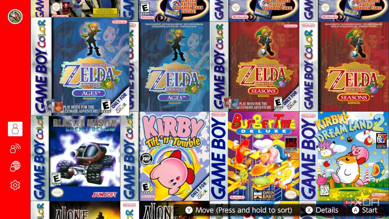 Screenshot of the list of Game Boy games available on the Nintendo Switch