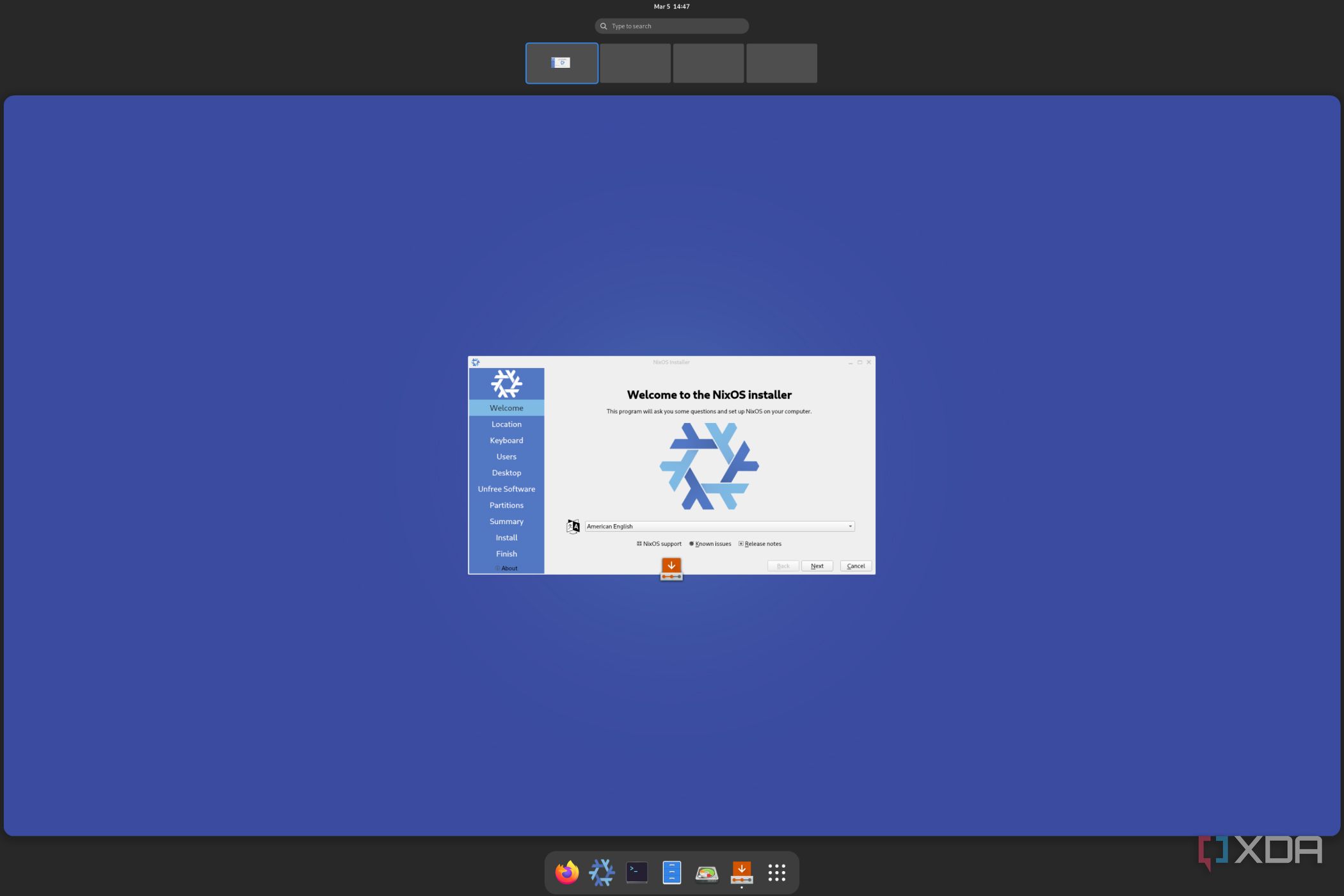 A screenshot of NixOS with the default installer