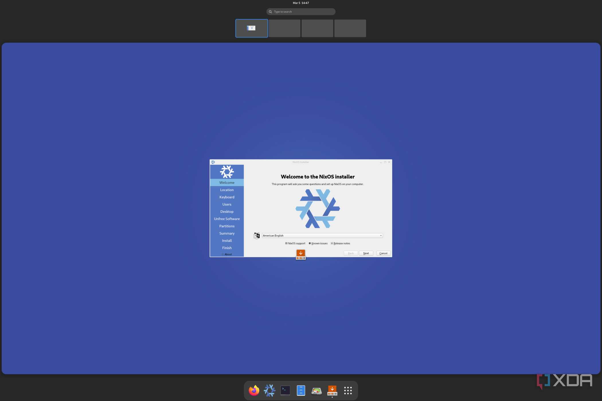 A screenshot of NixOS with the default installer
