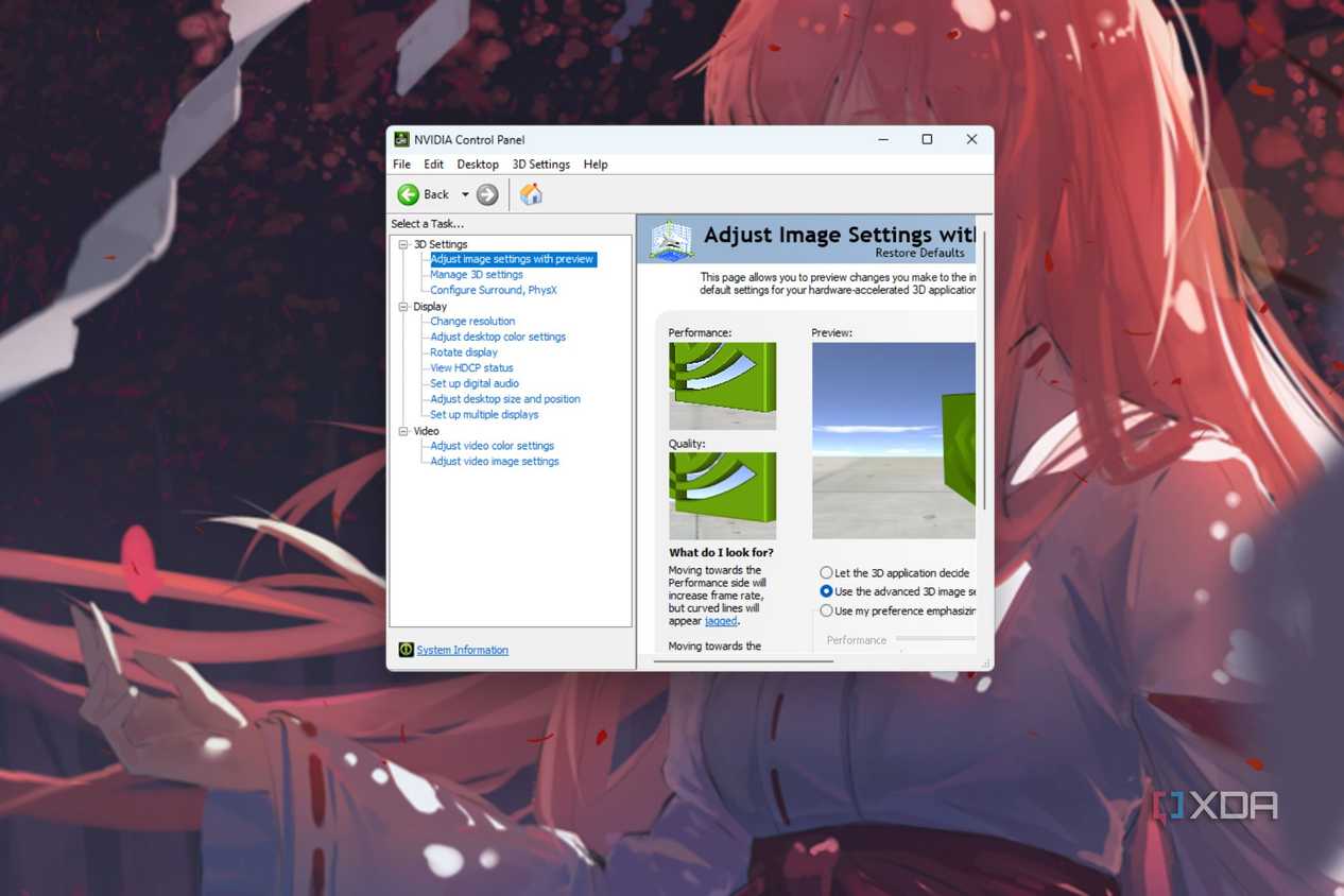 A screenshot showing the NvCP adjust image settings page on a Windows PC.