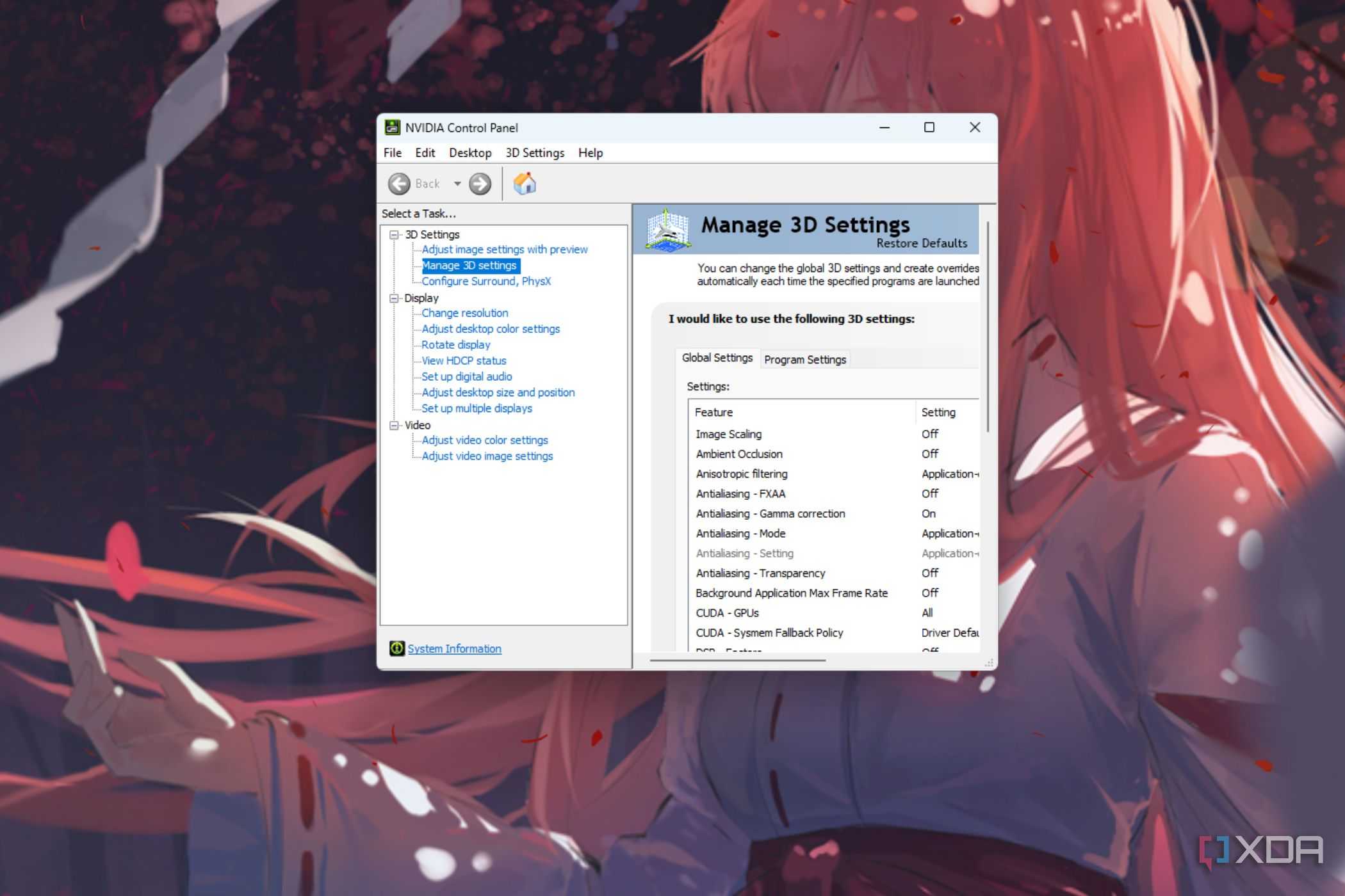 A screenshot showing the 3d settings page on NvCP on a Windows PC.