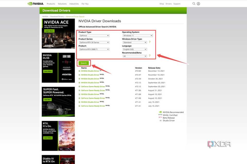 An image of the driver page on Nvidia's website