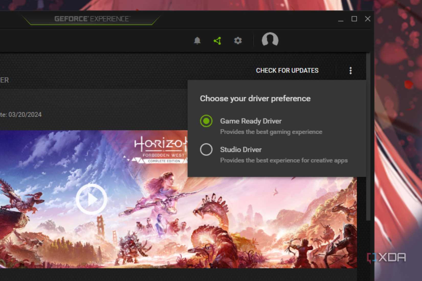 A screenshot showing the driver selection toggle in GeForce Experience.