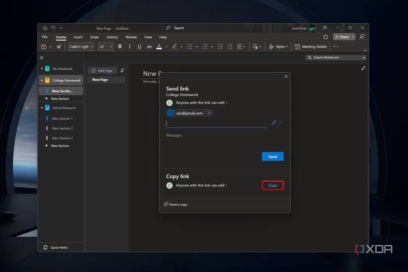 Windows 11 screenshot that highlights the Copy button in the Sharing window of the OneNote app.