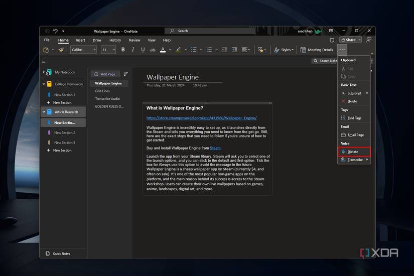 Windows 11 screenshot that highlights the Dictate button within the OneNote app.