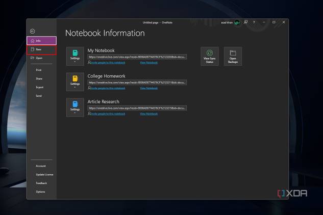 Windows 11 screenshot that shows the File Page menu in OneNote while highlighting the