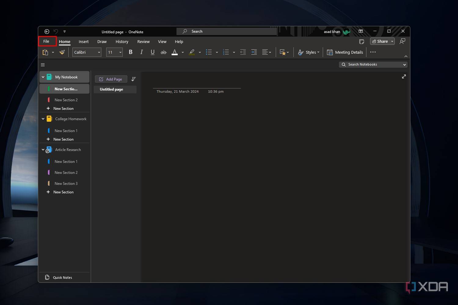 Windows 11 screenshot that shows an open OneNote window while highlighting the