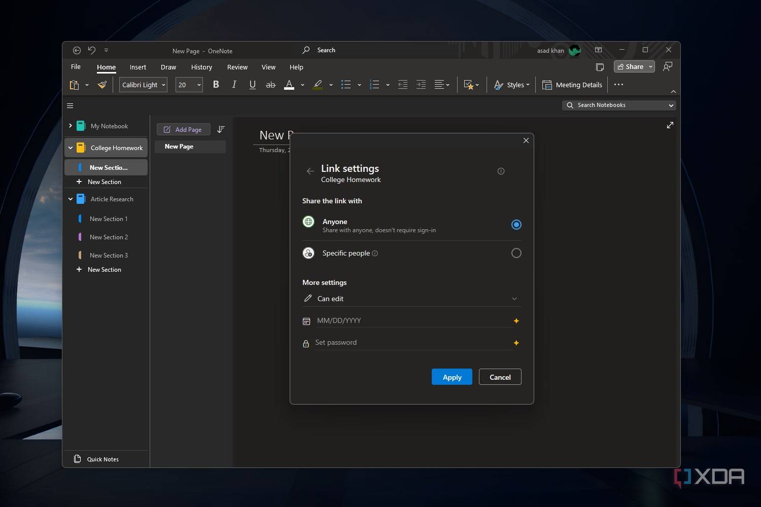 Windows 11 screenshot that shows the Link Settings window within the OneNote app.
