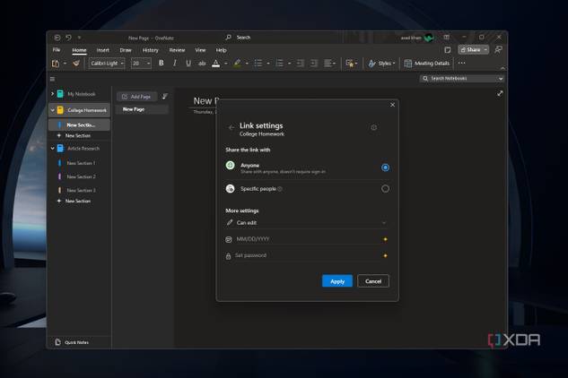Windows 11 screenshot that shows the Link Settings window within the OneNote app.