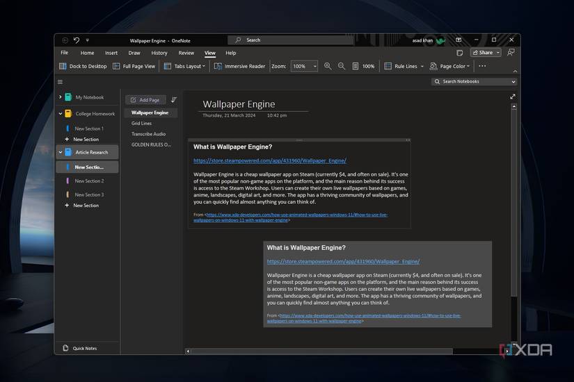 Windows 11 screenshot that shows moveable note containers in OneNote