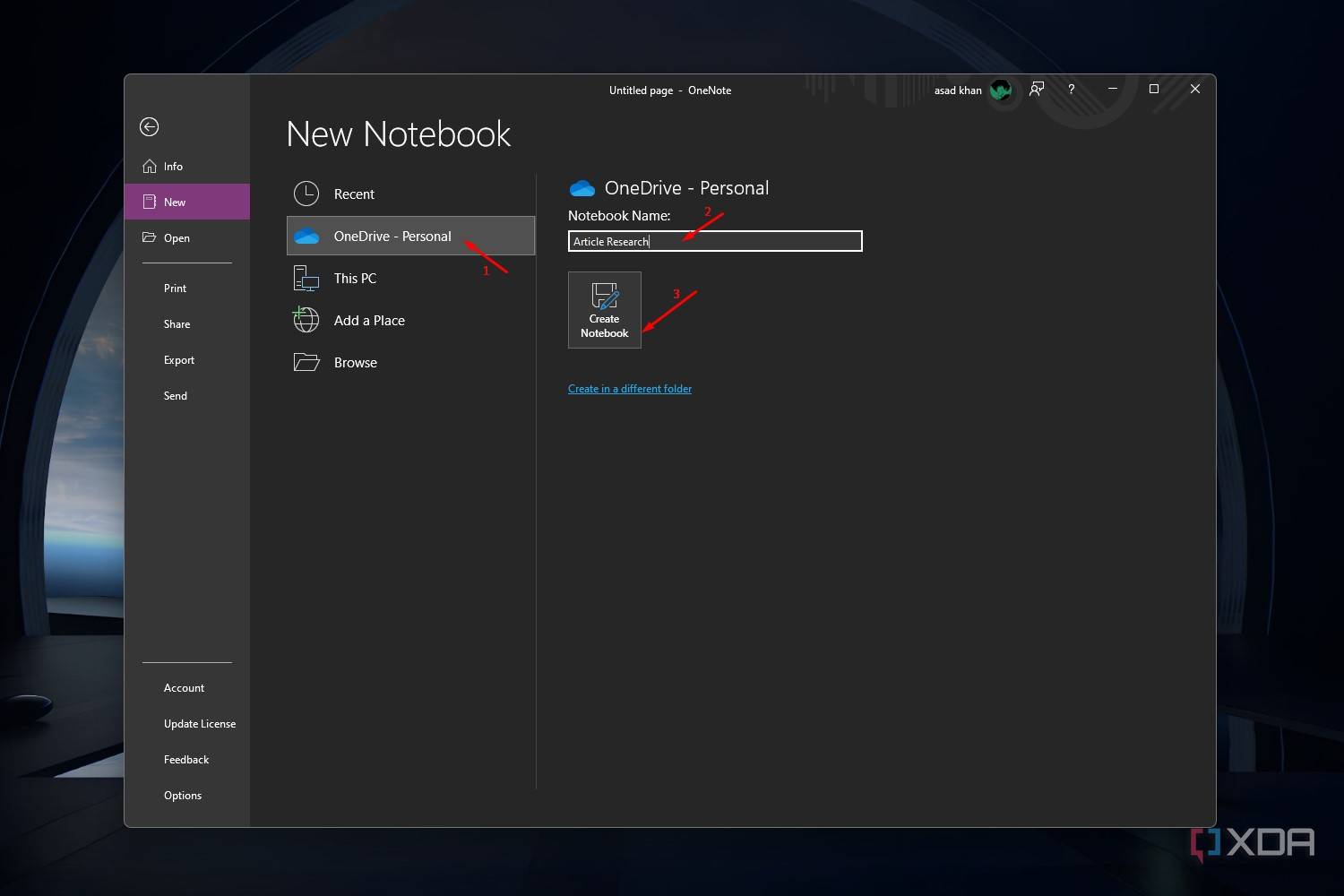 Windows 11 screenshot that shows the New Notebook window in the OneNote app.