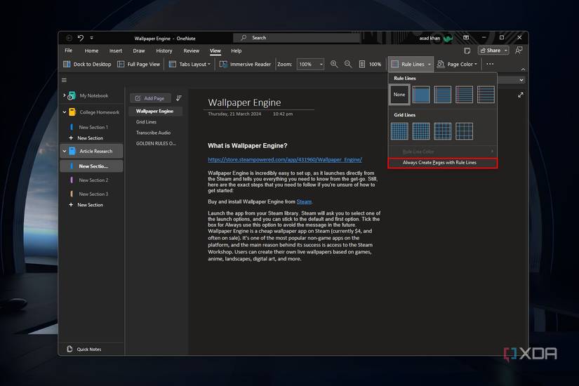 Windows 11 screenshot that highlights the always enable rule lines settings in the OneNote app.