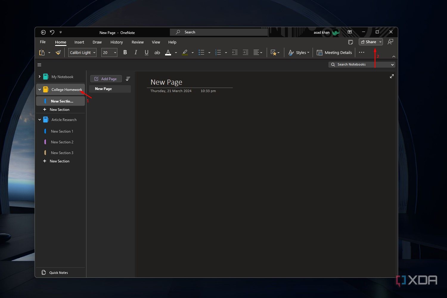 Windows 11 screenshot that highlights a notebook and the Share button within the OneNote app.