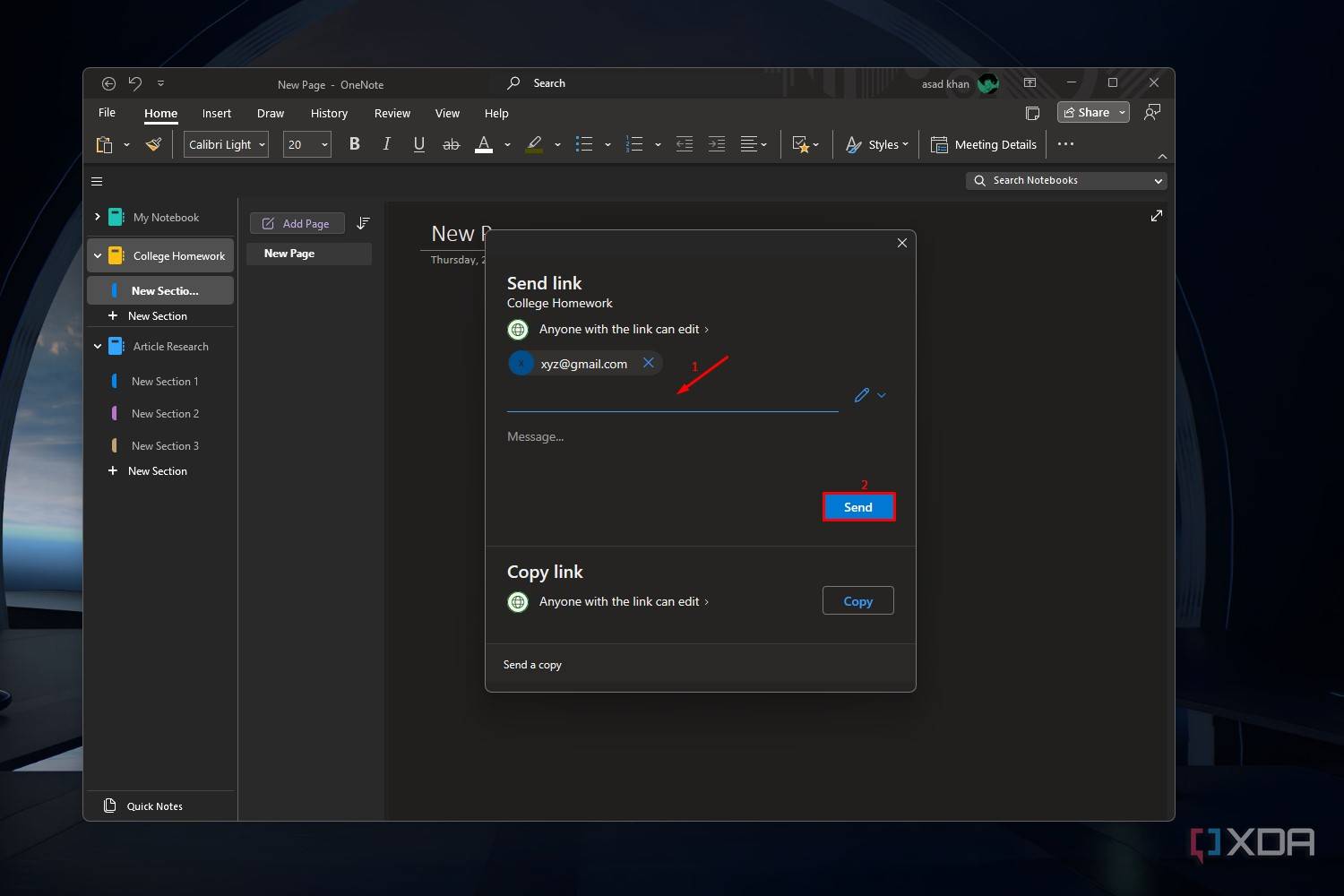Windows 11 screenshot that highlights a notebook the sharing options window within the OneNote app.