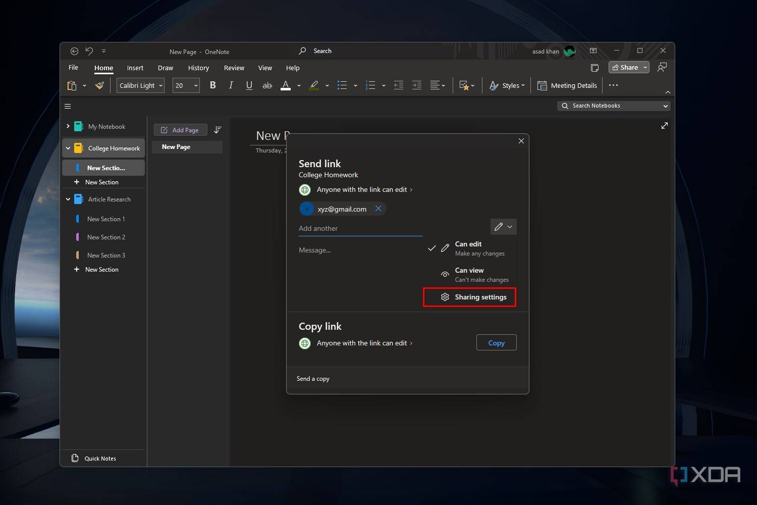 Windows 11 screenshot that highlights a the Sharing settings within the OneNote app.
