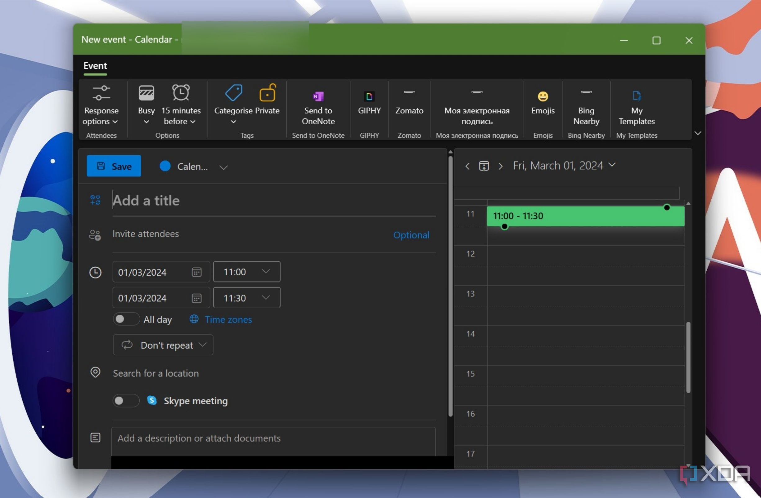 Screenshot showing create event page in new Outlook for Windows