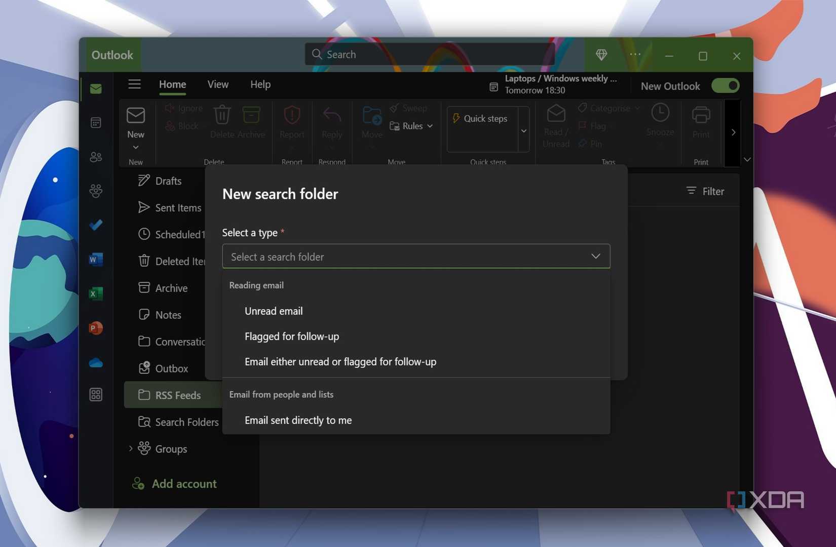 Screenshot showing search folder in new Outlook for Windows