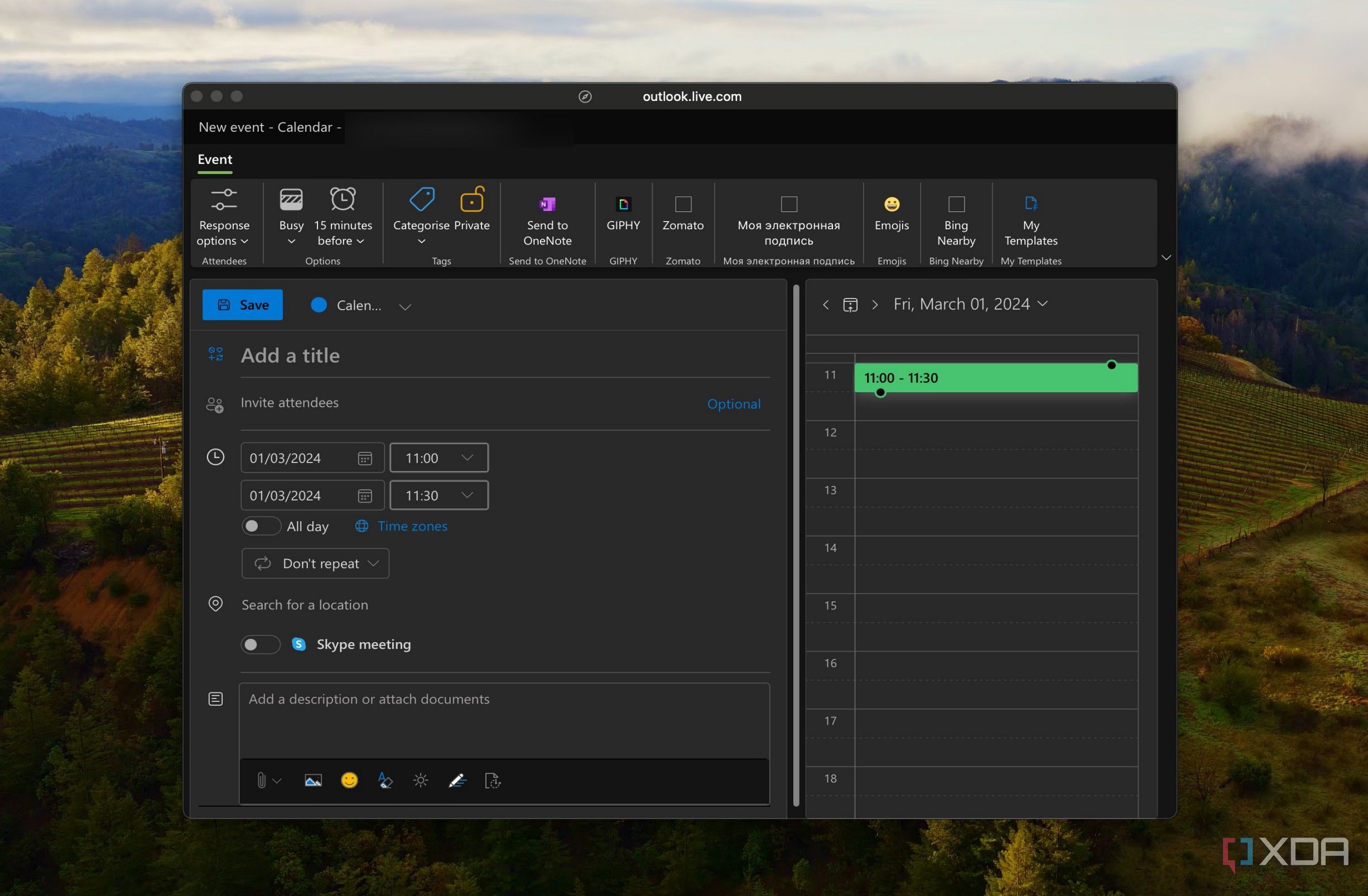 Screenshot showing create new event page in Outlook web