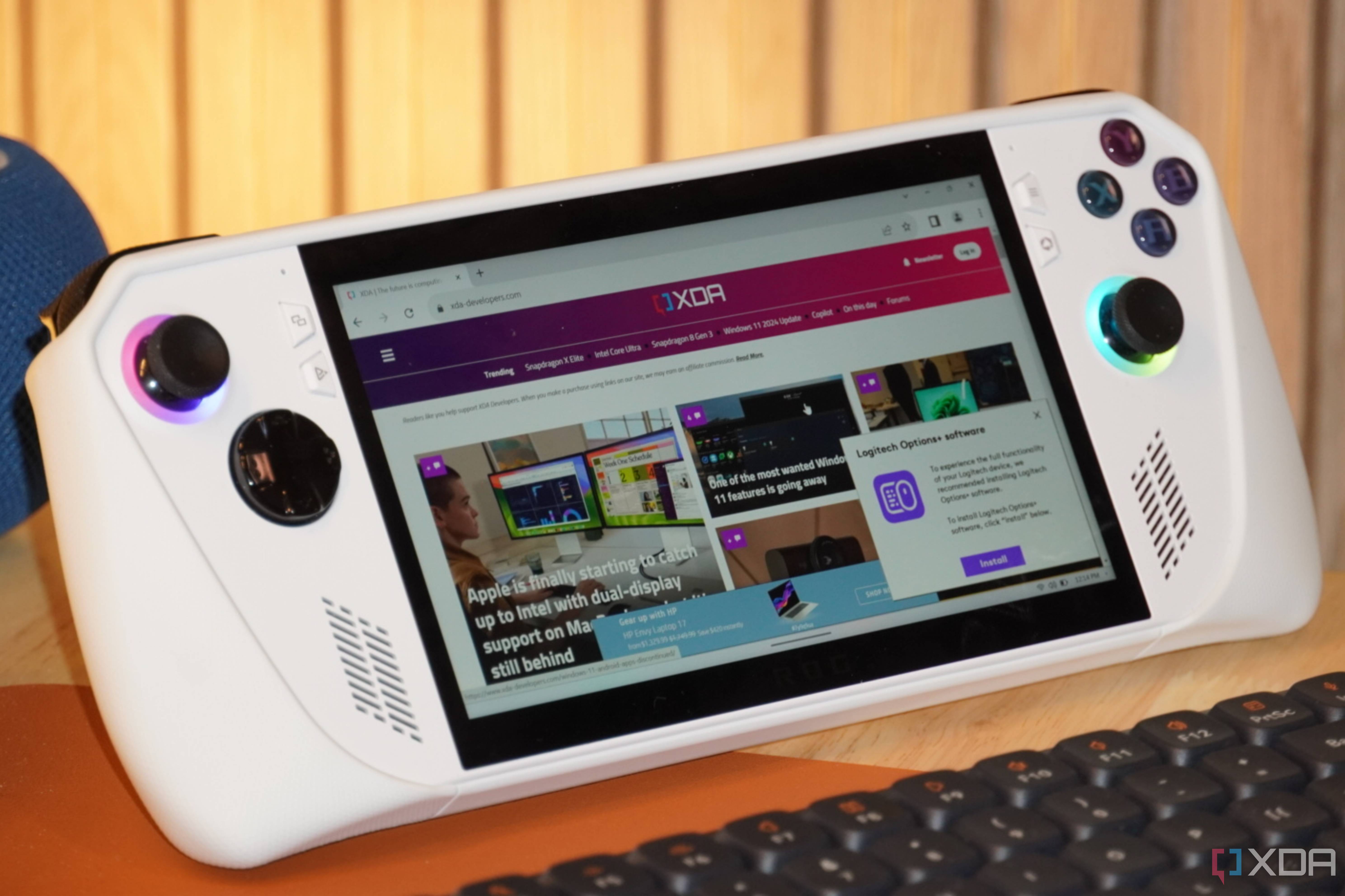 A close-up of the XDA website loaded on an ROG Ally.