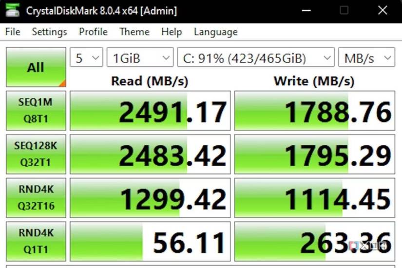 A screenshot showing CrystalDiskMark test results for a PCIe 3.0 SSD.