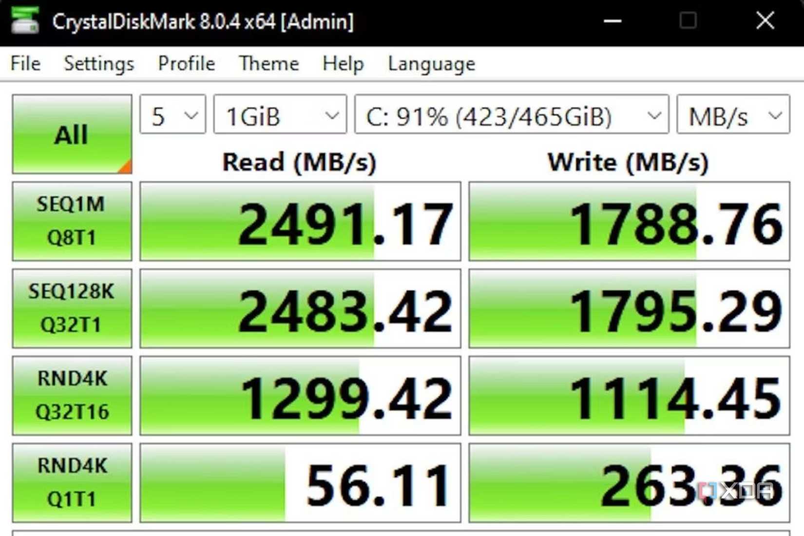 A screenshot showing CrystalDiskMark test results for a PCIe 3.0 SSD.