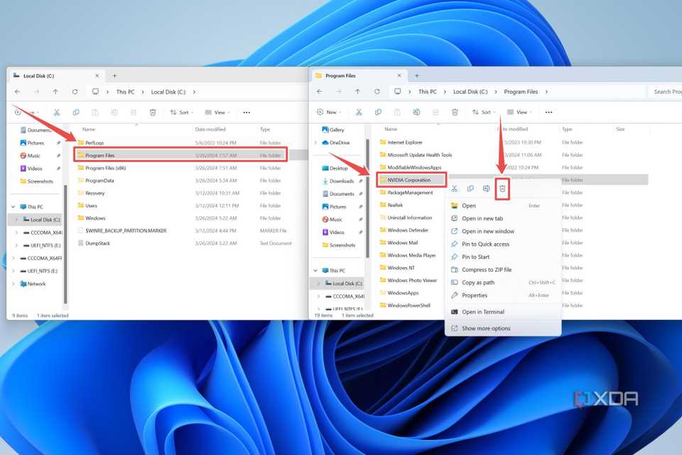 The procedure to delete the NVIDIA Corporation folder from Program Files