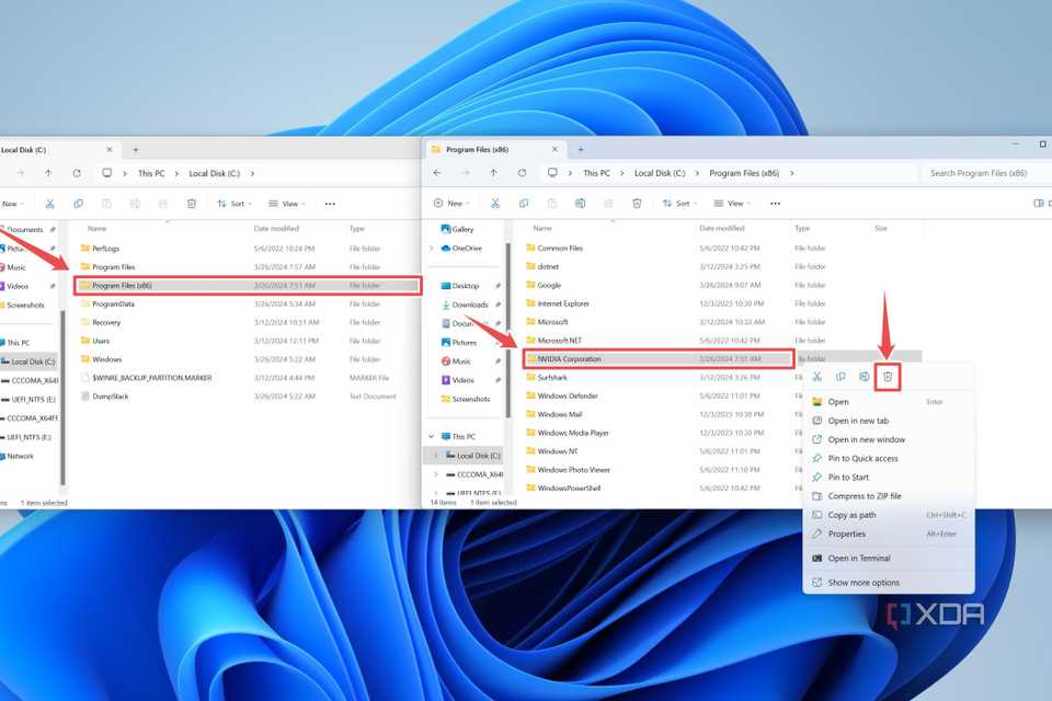 The procedure to delete the NVIDIA Corporation folder from Program Files (x86)
