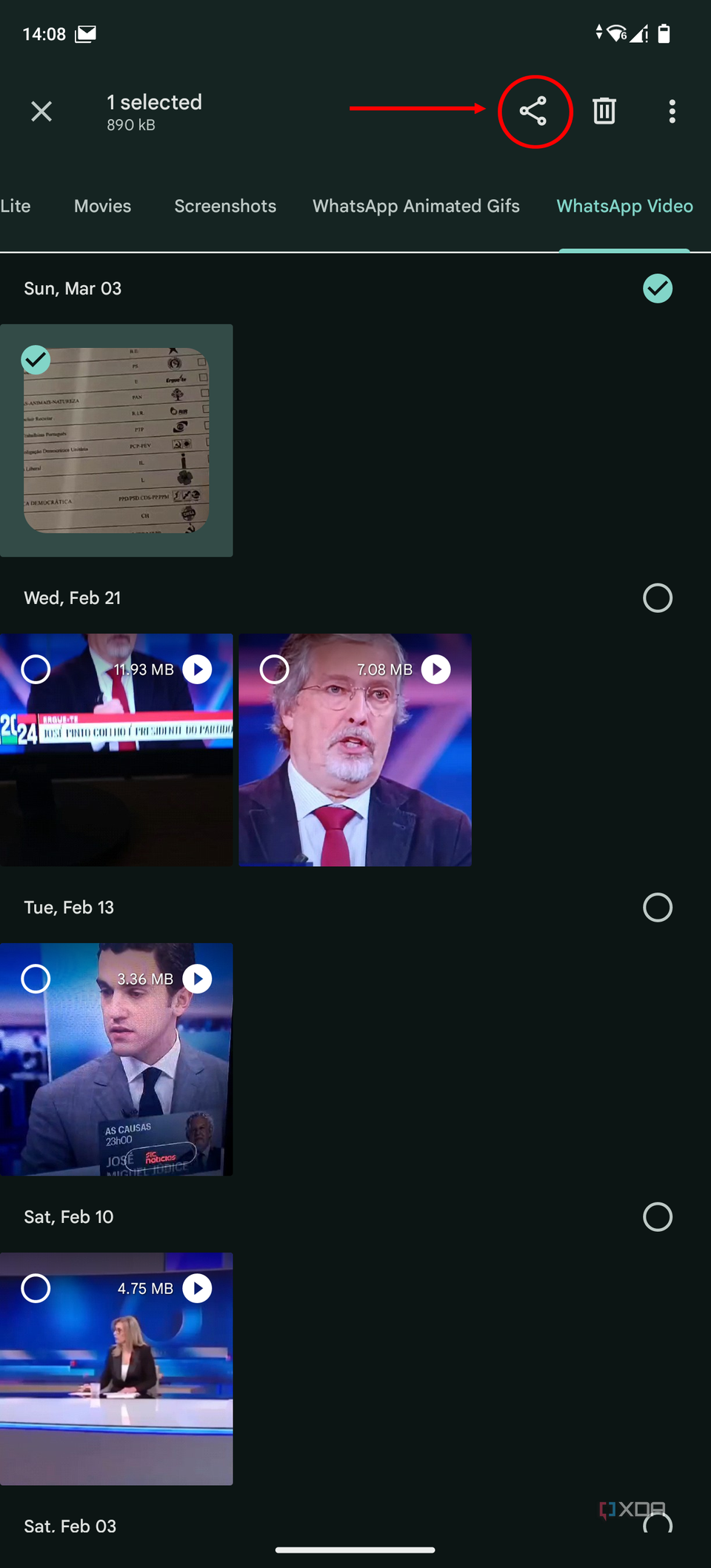 Screenshot of the Files app for Android with the Share button highlighted after selecting a file