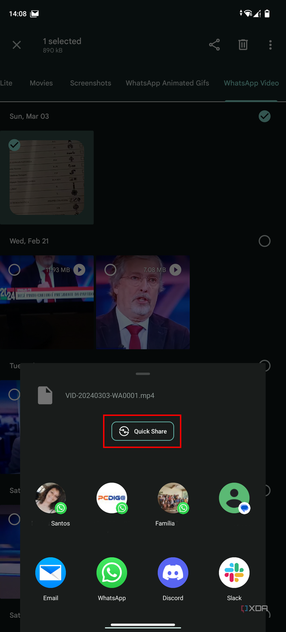 Screenshot of the share menu on Android with the Quick Share option highlighted