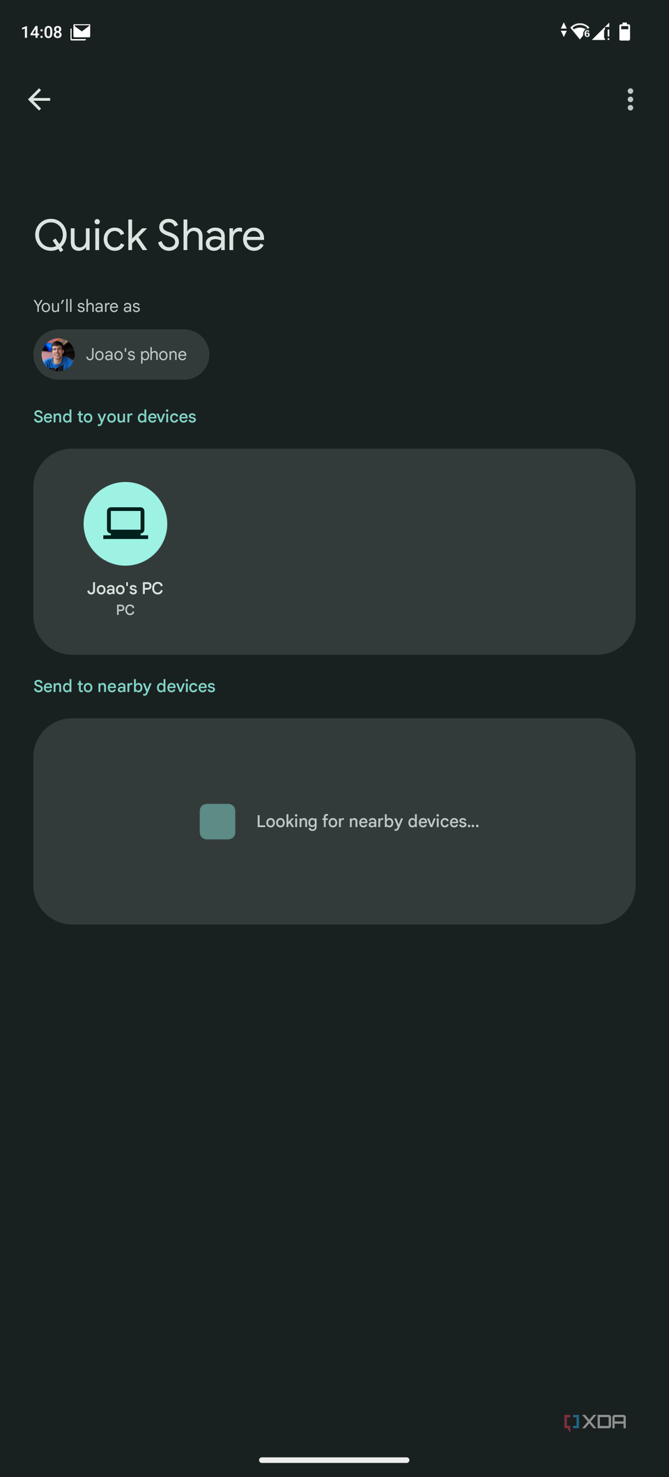 Screenshot of the Quick Share app on Android showing available devices to share to.