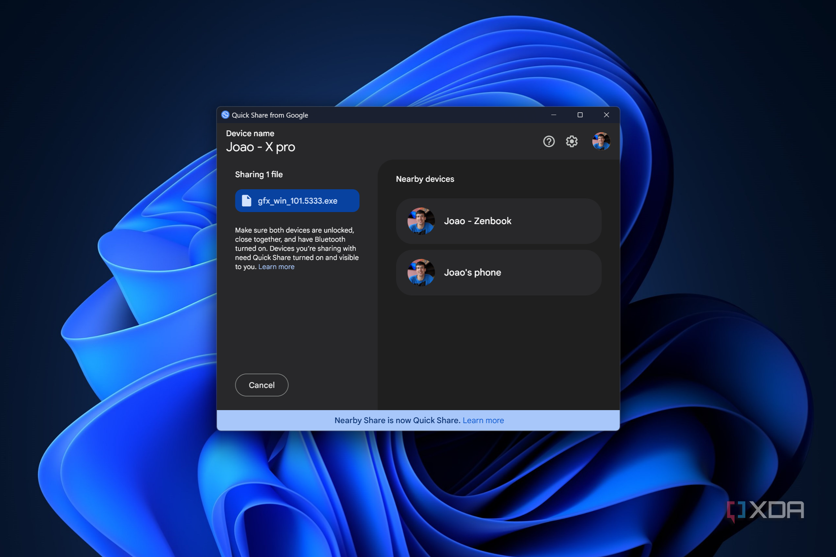 Screenshot of the Quick Share app from Google on Windows