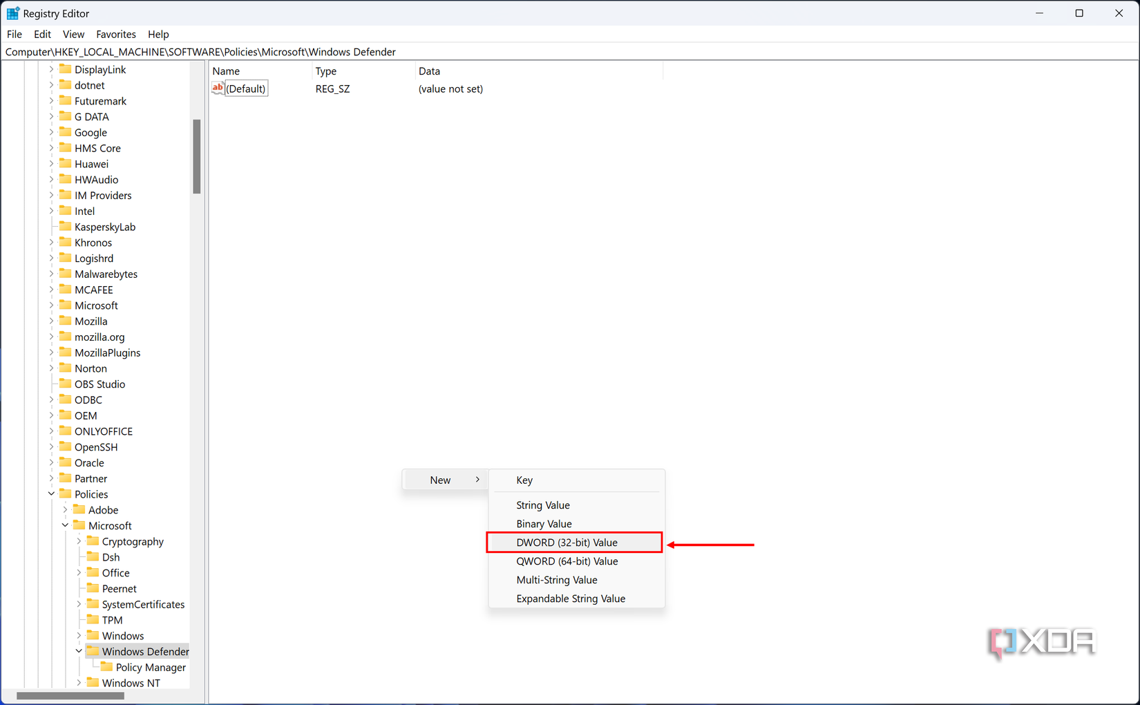 Screenshow of Registry Editor with a context menu showing the option to add a new DWORD 32-bit value