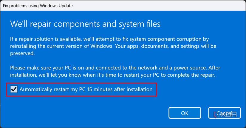 Windows Update repair dialog