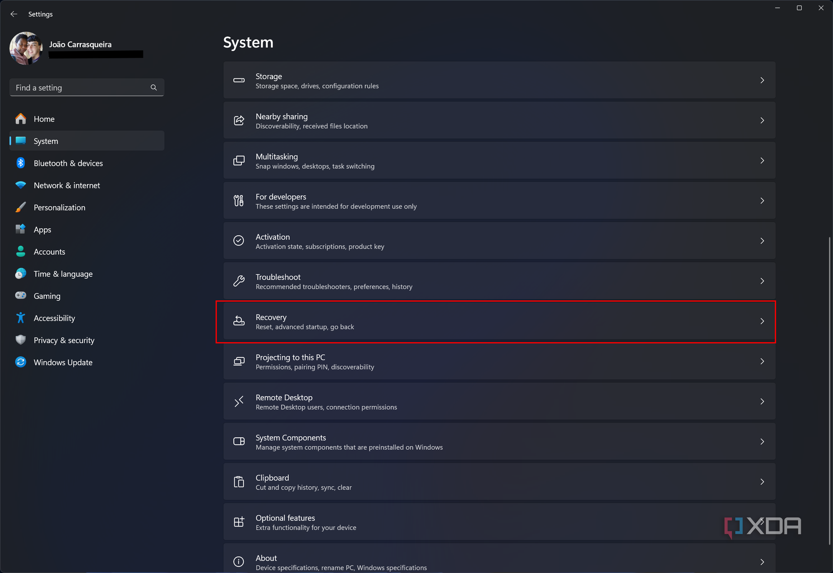 Screenshot of windows 11 System settings with Recovery option highlighted