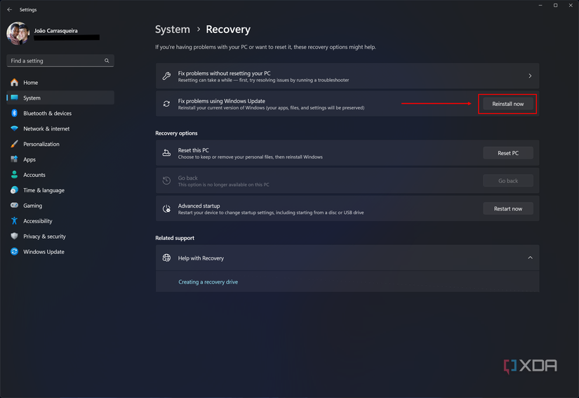 Screenshot of Recovery settings in Windows 11 with Reinstall now button highlighted