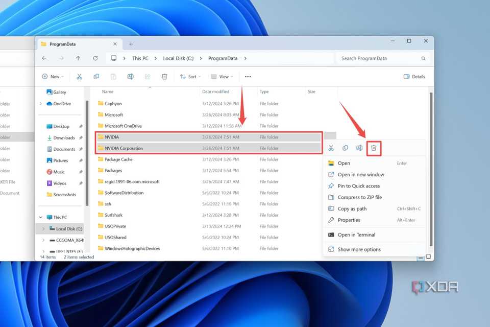 The Nvidia folders within the ProgramData directory