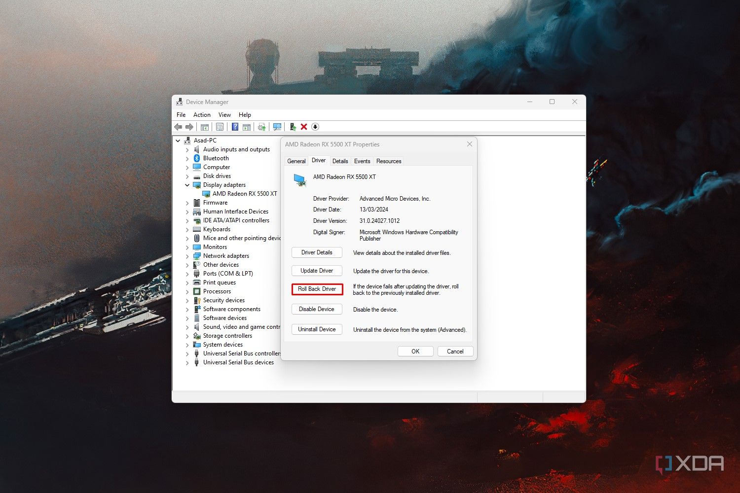 Windows 11 screenshot that highlights the Roll Back Driver option for a display adapter within Device Manager.