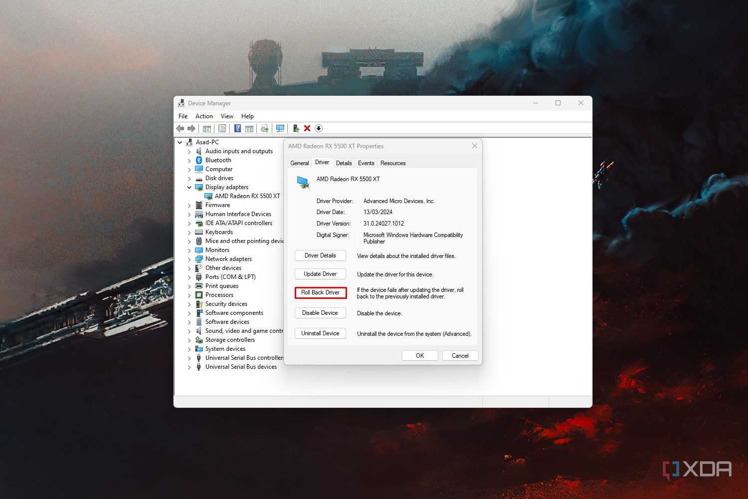 Windows 11 screenshot that highlights the Roll Back Driver option for a display adapter within Device Manager.