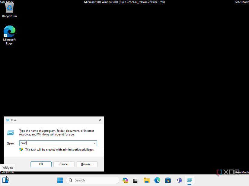 Windows 11 in Safe Mode with a Run dialog showing a cmd command