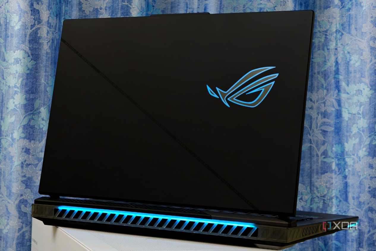 An image showing the back of the Asus ROG Strix Scar 16 gaming laptop with lights.