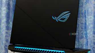 An image showing the back of the Asus ROG Strix Scar 16 gaming laptop with lights.