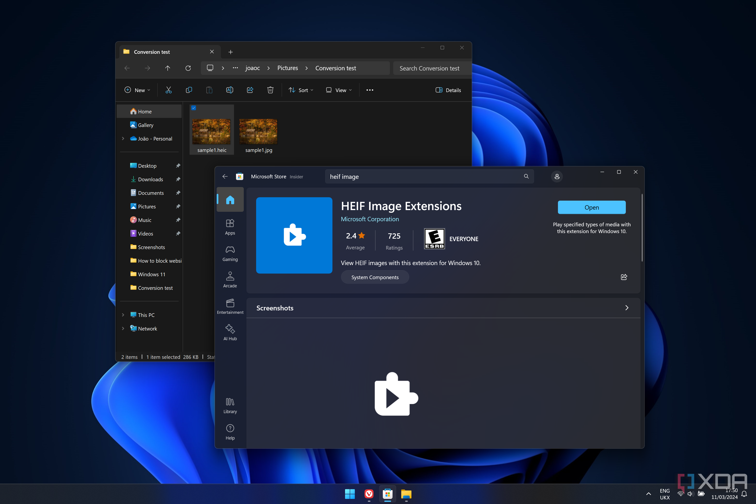 Screenshot of Windows 11 showing the HEIF Image Extensions app on the Microsoft Store
