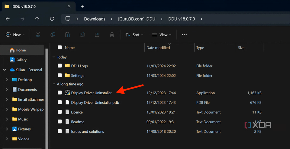 Display Driver Uninstaller in a Windows Explorer folder.